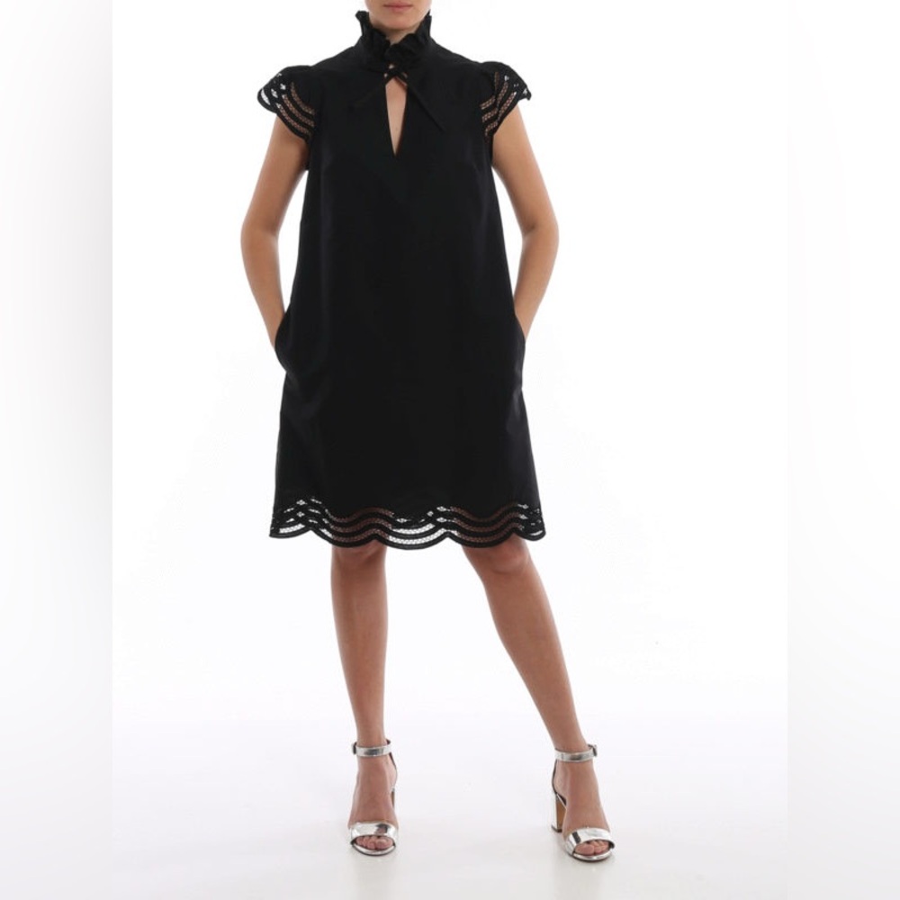 PAROSH Black A-Line Dress Mock Neck and Flutter Cap Sleeves Size XS